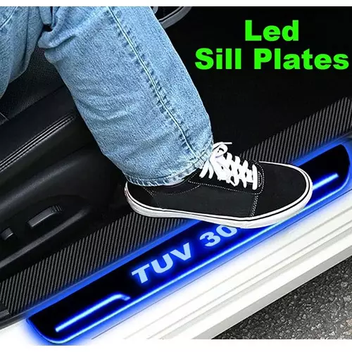 Auto Pearl Car Door Foot Step Led Sill/Scuff Plates Mirror Finish Black Compatible For Mahindra Tuv 300, LEDBlklPLATE_Blk_TUV300 (Set of 4)