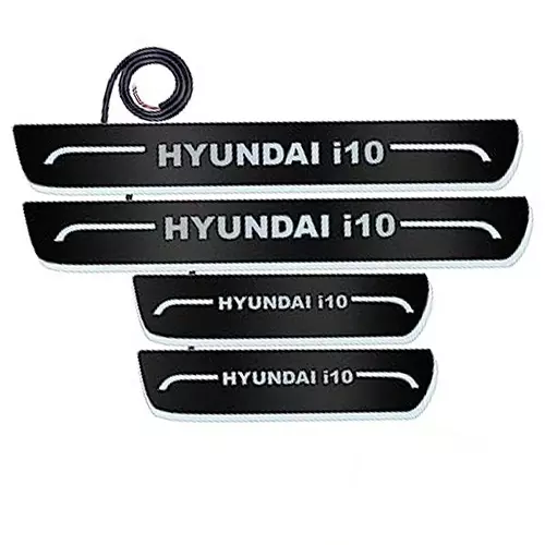 Auto Pearl Car Door Foot Step Led Sill/Scuff Plates Mirror Finish Black Compatible For Hyundai I10 T1 (2007-2010), LEDBlklPLATE_Blk_i10T1200710 (Set of 4)