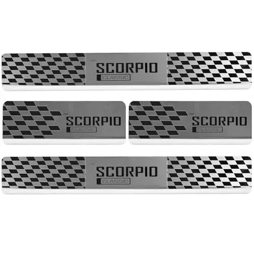 AllExtreme Car Door Foot Step Sill Plate Mirror Finish Silver Stainless Stee Compatible For Scorpio  (Set of 4)