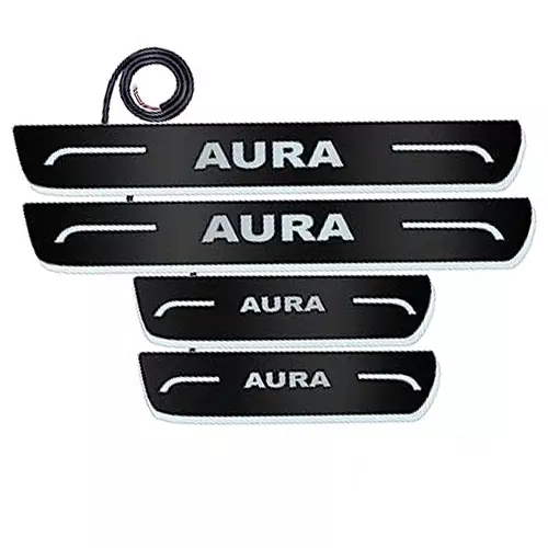 Auto Pearl Car Door Foot Step Led Sill/Scuff Plates Mirror Finish Black Compatible For Hyundai Aura, LEDBlklPLATE_Blk_Aura (Set of 4)