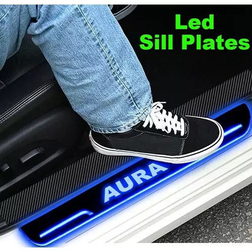 Auto Pearl Car Door Foot Step Led Sill/Scuff Plates Mirror Finish Black Compatible For Hyundai Aura, LEDBlklPLATE_Blk_Aura (Set of 4)