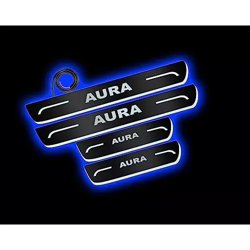 Auto Pearl Car Door Foot Step Led Sill/Scuff Plates Mirror Finish Black Compatible For Hyundai Aura, LEDBlklPLATE_Blk_Aura (Set of 4)