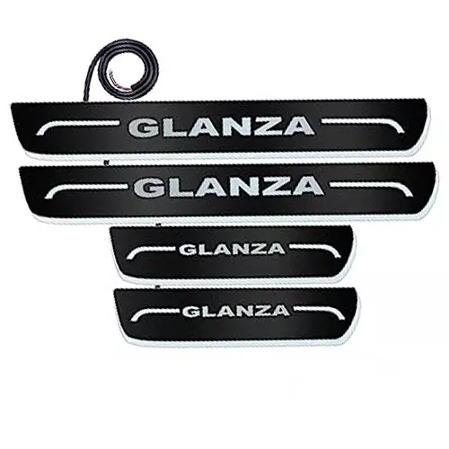 Auto Pearl Car Door Foot Step Led Sill/Scuff Plates Mirror Finish Black Compatible For Toyota Glanza, LEDBlklPLATE_Blk_Glanza (Set of 4)