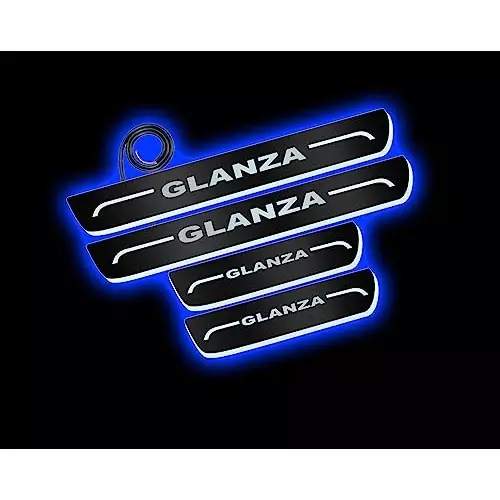 Auto Pearl Car Door Foot Step Led Sill/Scuff Plates Mirror Finish Black Compatible For Toyota Glanza, LEDBlklPLATE_Blk_Glanza (Set of 4)