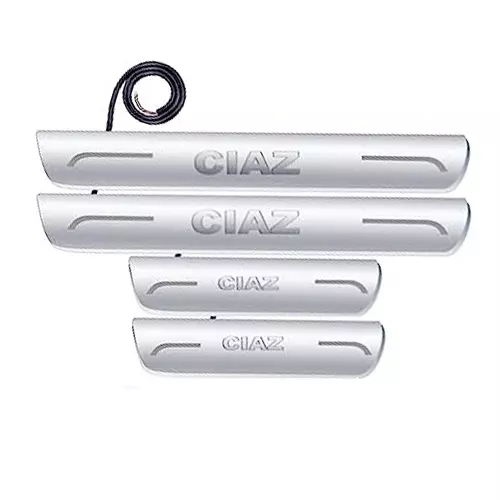 Auto Pearl Car Door Foot Step Led Sill/Scuff Plates Mirror Finish Silver Compatible For Maruti Suzuki Ciaz 2018-2022, LEDSillPLATE_Sil_Ciaz2018_22 (Set of 4)