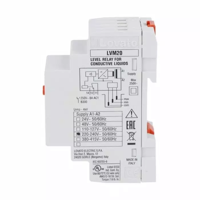 Lovato Level Monitoring Relay, SPDT, DIN Rail, LVM20A024