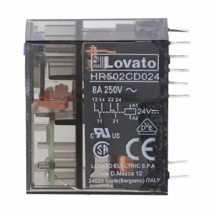 Lovato PCB Mount Non-Latching Relay, 24 V DC Coil, 8A Switching Current, DPDT, HR502CD024