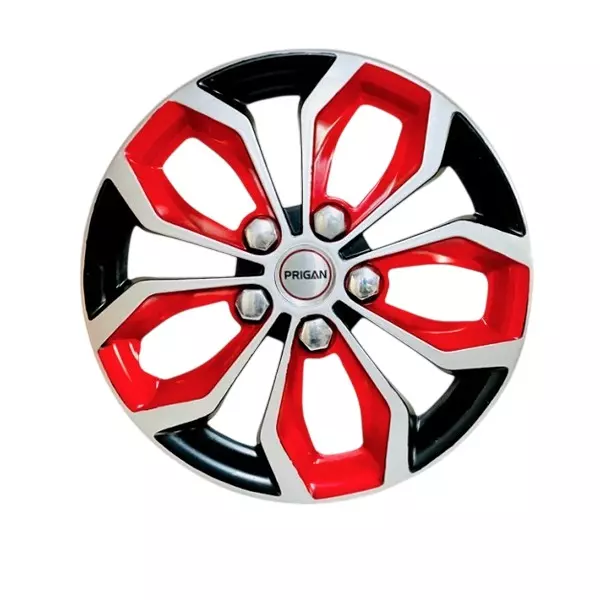 Prigan Vision 3 Color Car Wheel Cover 350 mm (14 inch) High-Grade ABS Silver, Black & Red for Passenger Vehicle (Set of 4 Pcs)