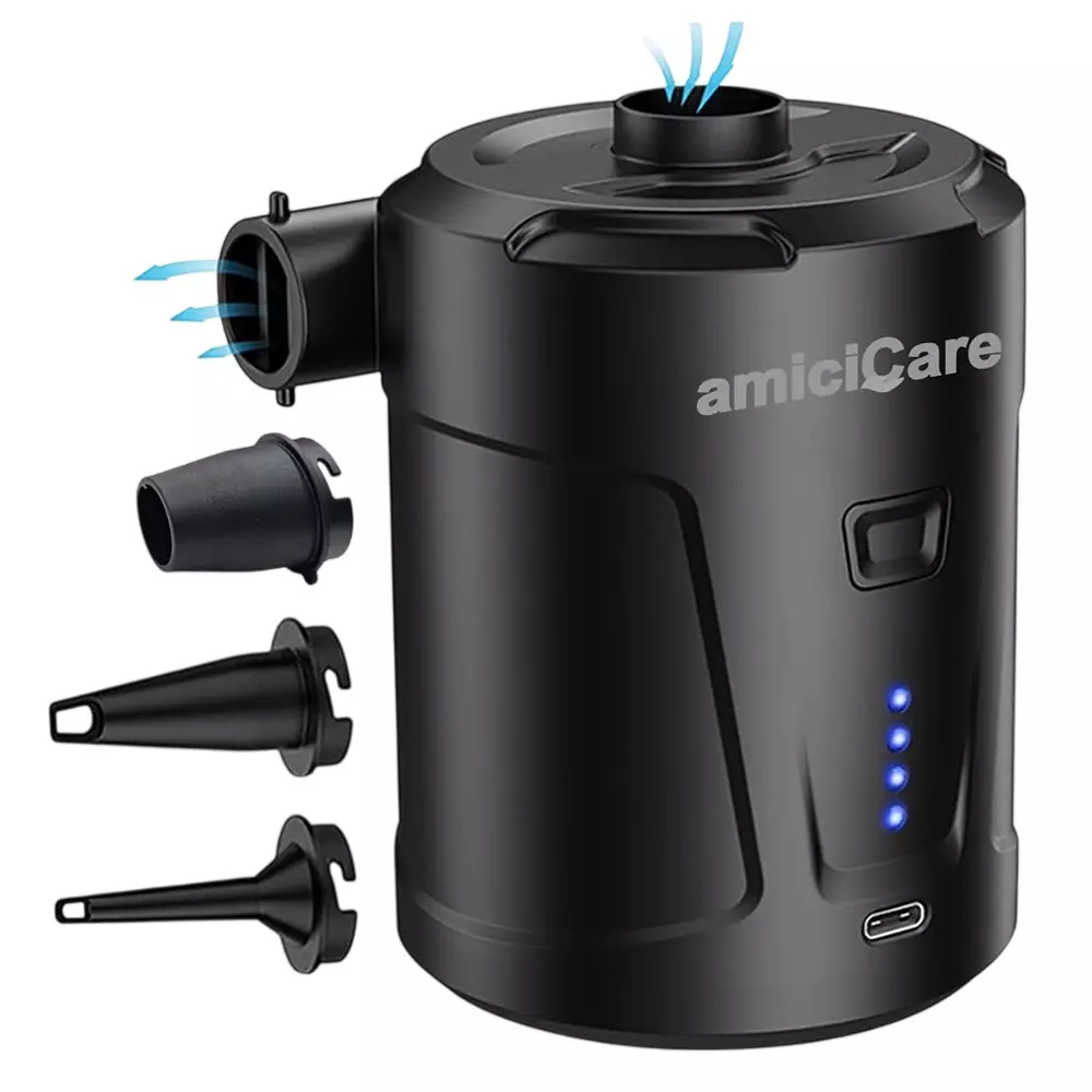 amiciCare Mini Air Pump Rechargeable Type-C Inflator Deflator with 3 Nozzles Attachments 5200 mAh Portable, 1xINFLT-AIR-PUMP