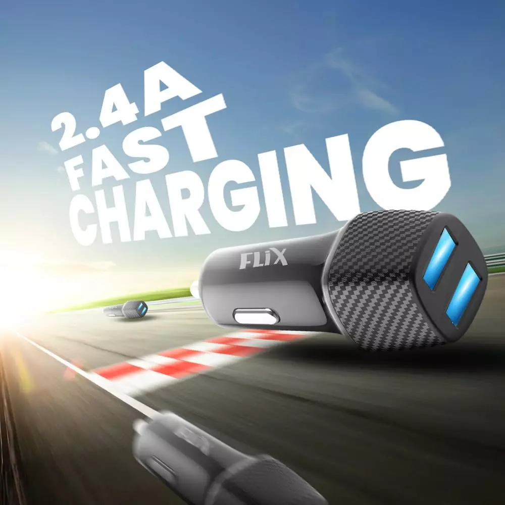 Flix Beetel Car Charger 2.4 A Dual USB 12 V Black, XCC-24D