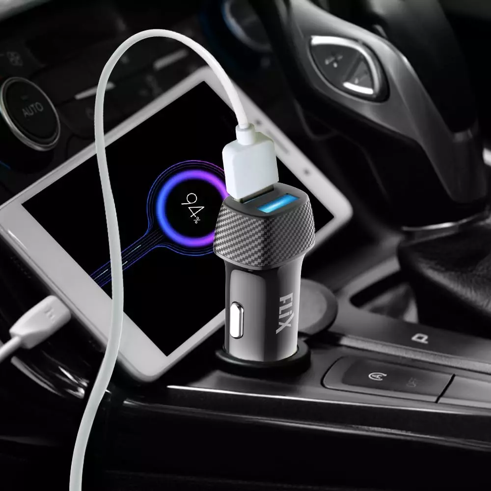 Flix Beetel Car Charger 2.4 A Dual USB 12 V Black, XCC-24D