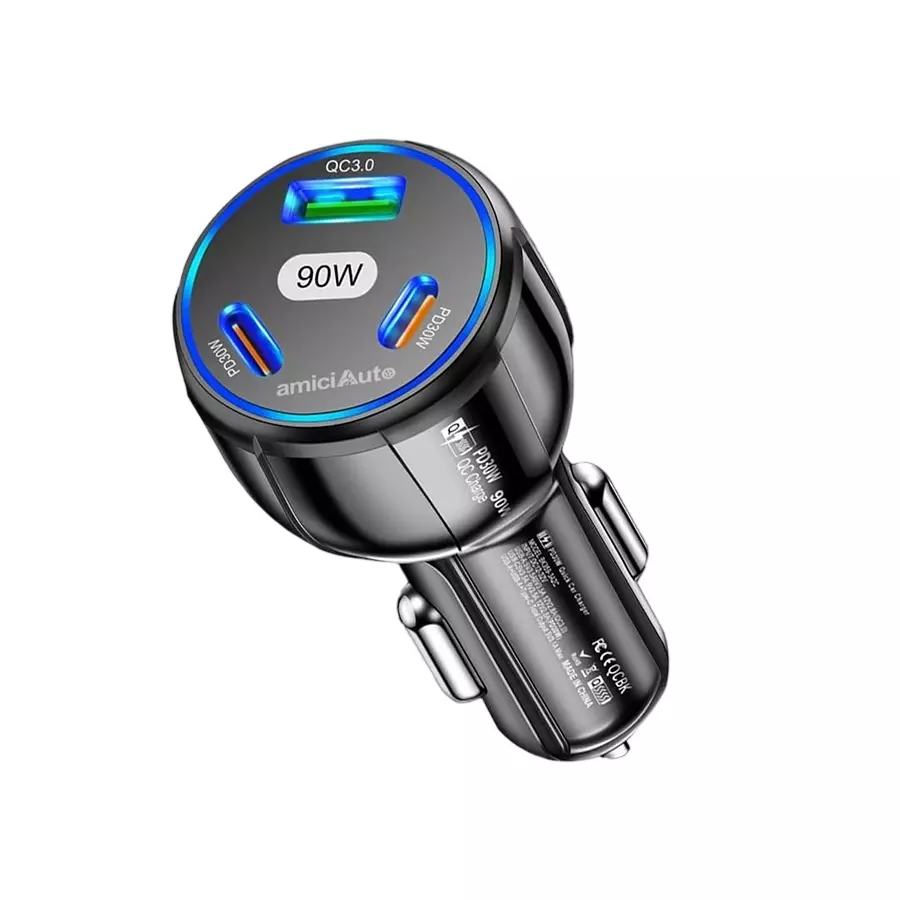 Amici Auto 3 USB Ports Car Charger 90 W USB Type-A and Type-C Connector Type