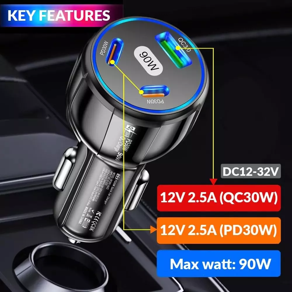 Amici Auto 3 USB Ports Car Charger 90 W USB Type-A and Type-C Connector Type