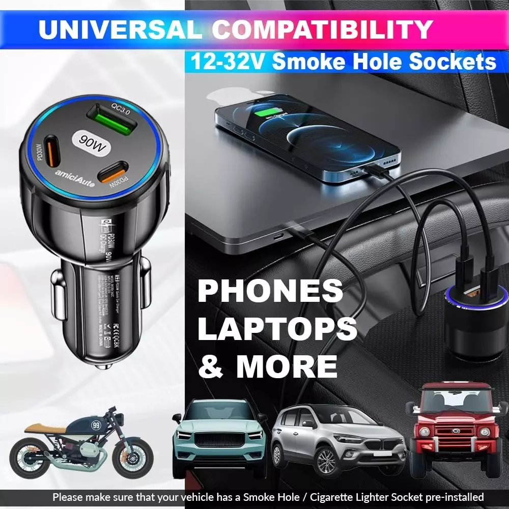 Amici Auto 3 USB Ports Car Charger 90 W USB Type-A and Type-C Connector Type