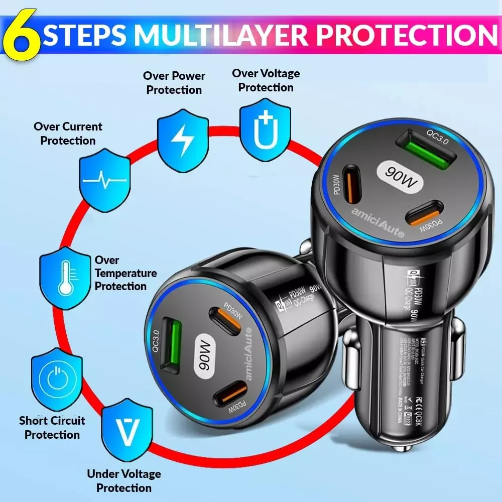 Amici Auto 3 USB Ports Car Charger 90 W USB Type-A and Type-C Connector Type