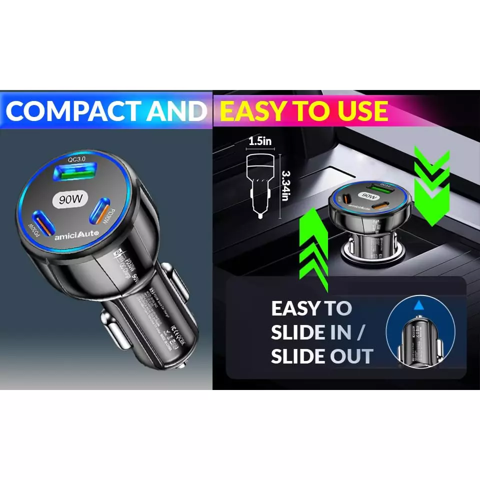Amici Auto 3 USB Ports Car Charger 90 W USB Type-A and Type-C Connector Type