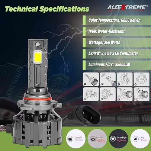 Allextreme H8 LED Headlight Bulb Conversion Kit 350 W 35000 lm 6000 K with 3 Copper Tube Heat Conduction System for Cars, ‎ALLTHUND01-H8 (Pack of 2)