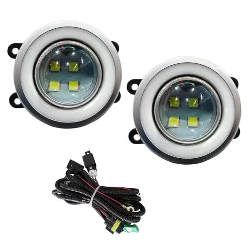 Auto Pearl 4 LED 3 in 1 Chrome Ring DRL Fog Lamp with Wiring Kit White, Yellow & Blue Compatible For Ford Ecosport (2013-2016)