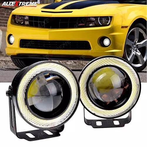 Allextreme Universal Car Projector LED Fog Light with White Light Halo Angel Eye Rings for SUV, Car, EX35IFL (Pack of 2)