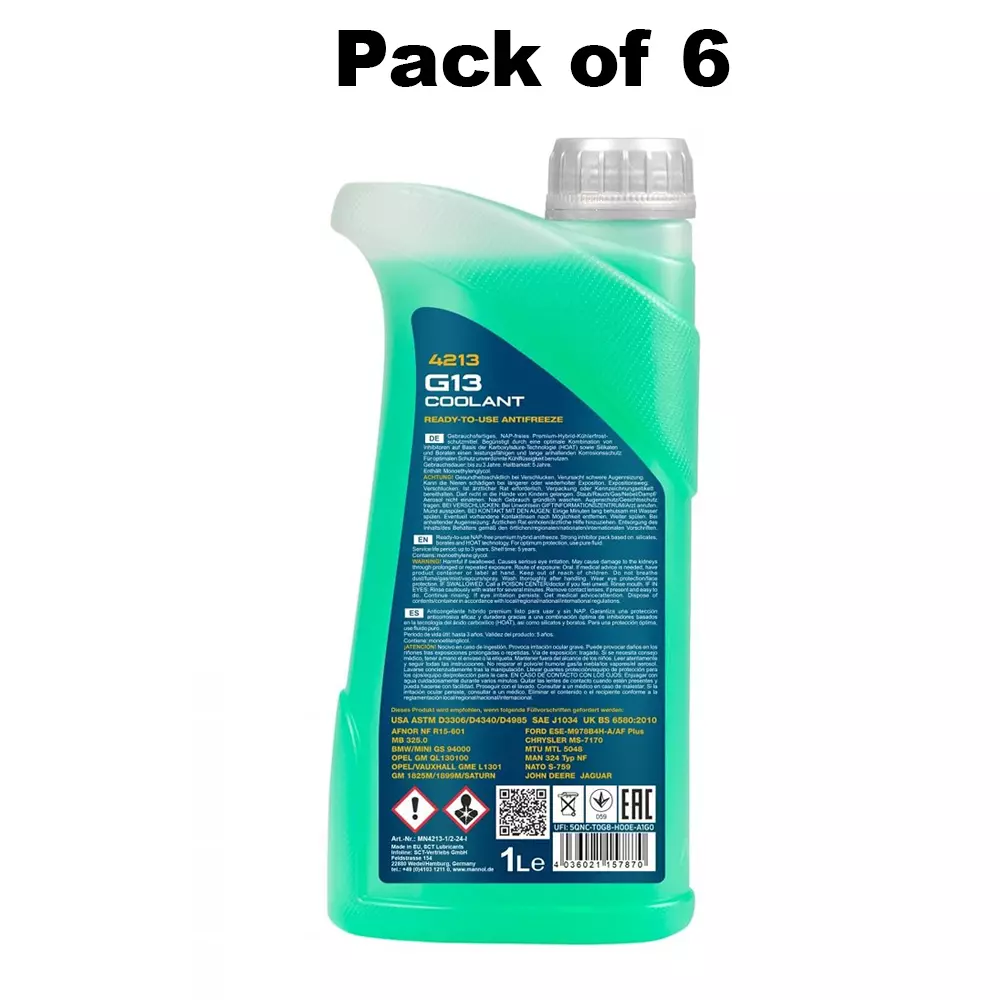 Mannol G13 4213 High-Tech Coolant Antifreeze 1 L Green, MN4213-1L (Pack of 6)
