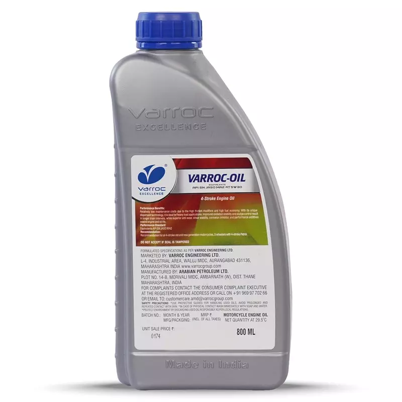 Varroc SAE 5W-30 SN MA2 Synthetic Engine Oil 800 ml for 2 Wheeler, VOIL-5W30-800SN (Pack of 10)