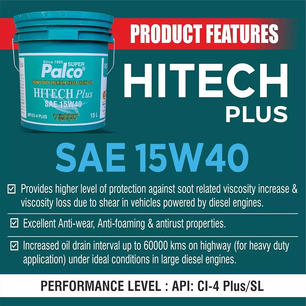 Palco Hitech Plus Engine Oil 15 L Capacity CI-4 Plus API 15W40 Green