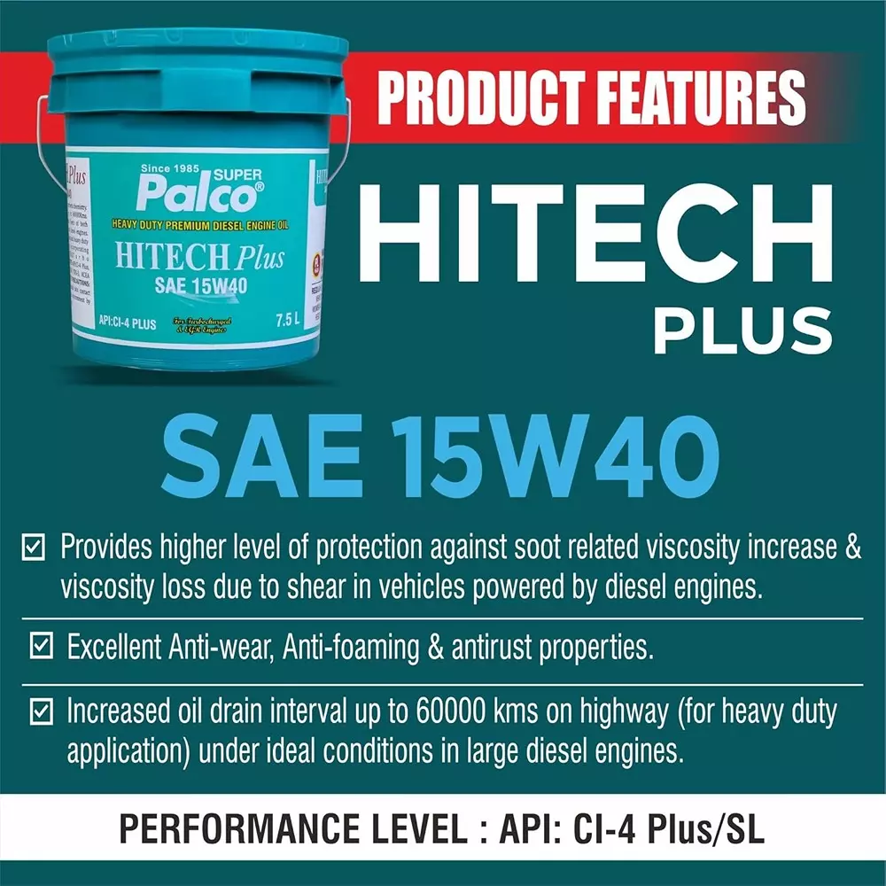 Palco Hitech Plus Engine Oil 7.5 L Capacity CI-4 Plus API 15W40 Green
