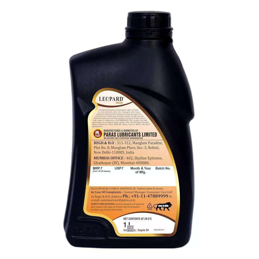 Palco Leopard Engine Oil 1 L Capacity SN/CF API 5W30 Clear Golden Natural
