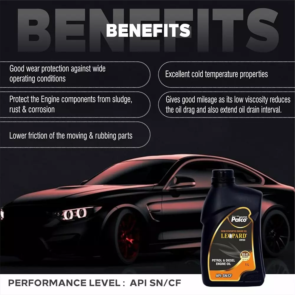 Palco Leopard Engine Oil 1 L Capacity SN/CF API 5W30 Clear Golden Natural