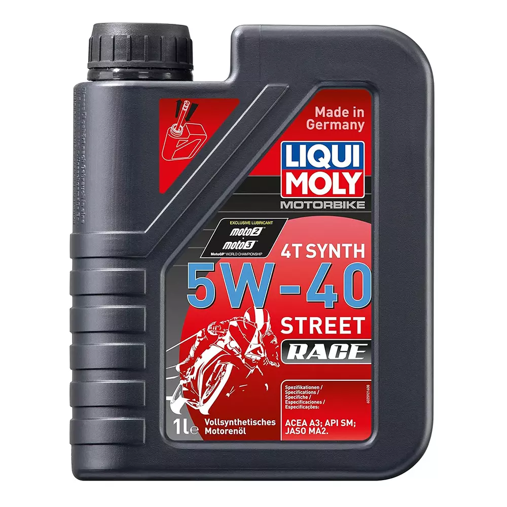 Liqui Moly 1 L 4T Synth Street Race Synthetic Motor Oil 5W-40 Viscosity Grade and 0.845 g/cm³ at 15°C Density, 2592