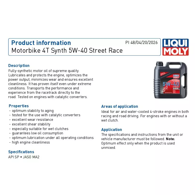 liqui-moly-1-l-4t-synth-street-race-synthetic-motor-oil-5w-40-viscosity-grade-and-0845-gcm-at-15c-density-2592