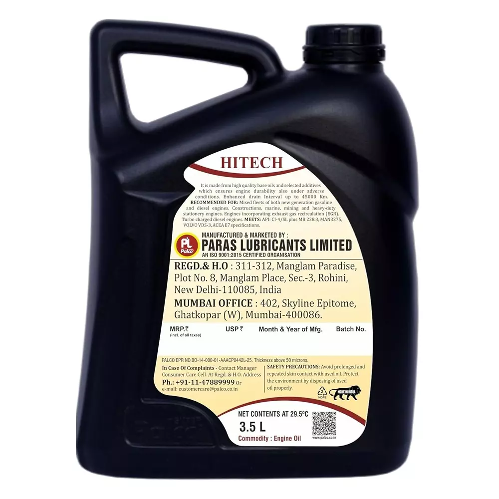 Palco Hitech Engine Oil 3.5 L Capacity CI-4 / SL API 15W40 Clear Golden Natural