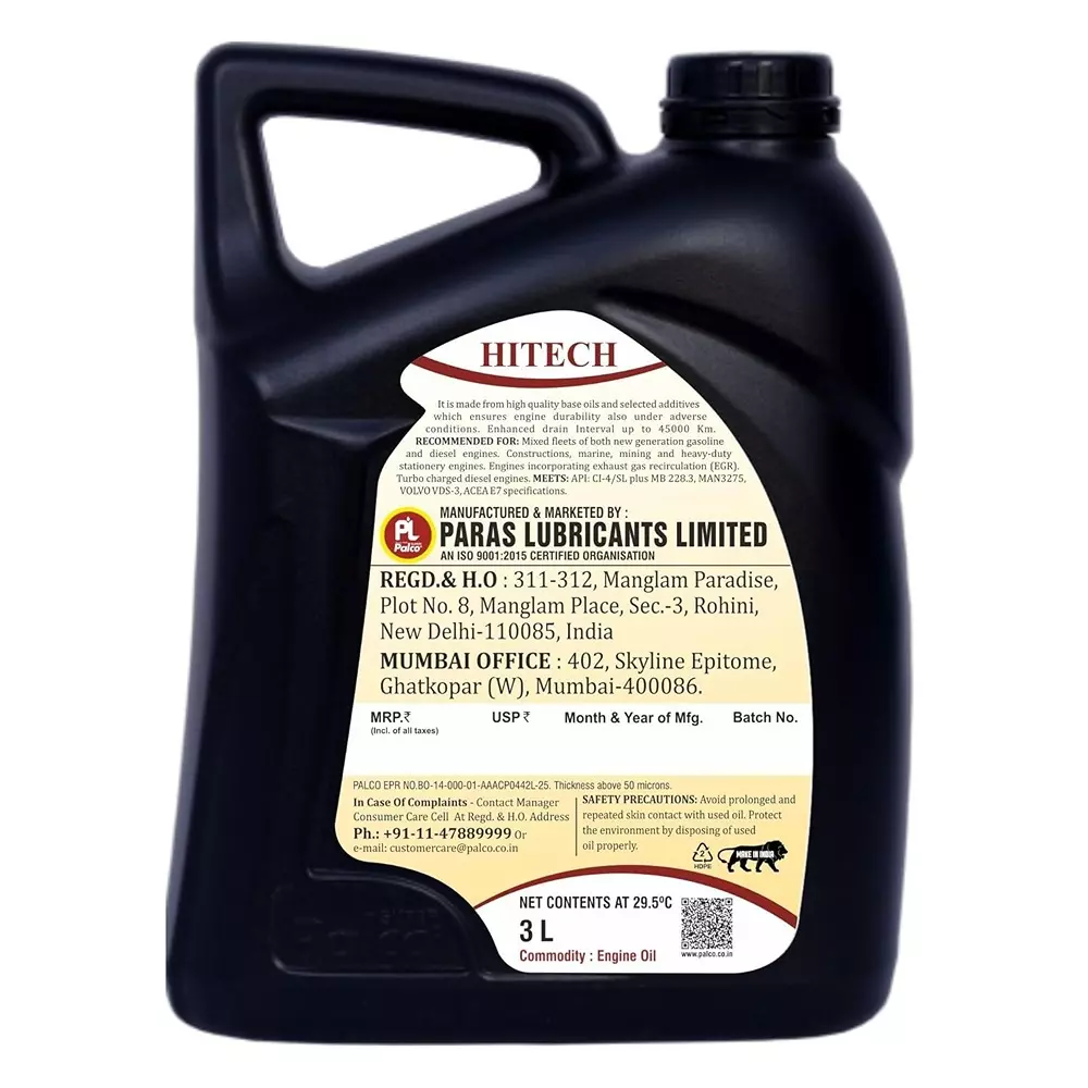 Palco Hitech Engine Oil 3 L Capacity CI-4 / SL API 15W40 Clear Golden Natural