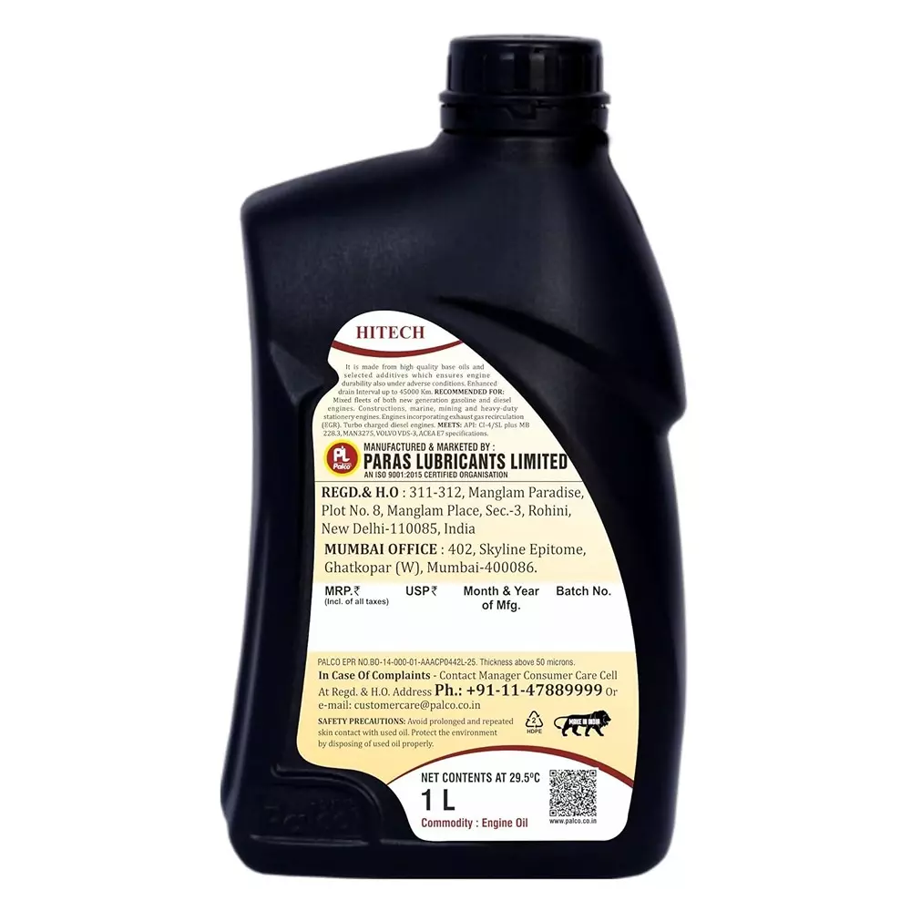 Palco Hitech Engine Oil 1 L Capacity CI-4 / SL API 15W40 Clear Golden Natural