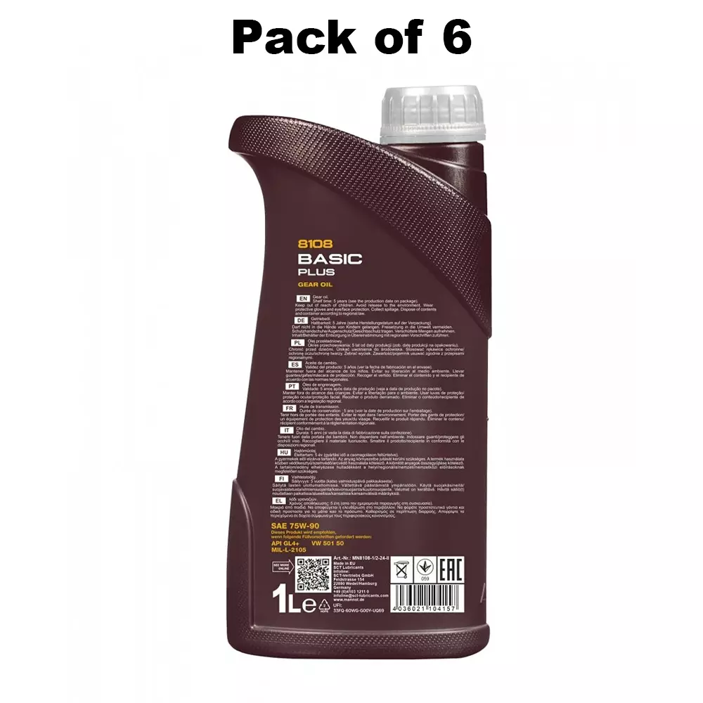Mannol 8108 Basic Plus 75W-90 GL-4+ Gear Oil Fully Synthetic 1 L for ‎Universal Fit, F-MN8108-1 (Pack of 6)