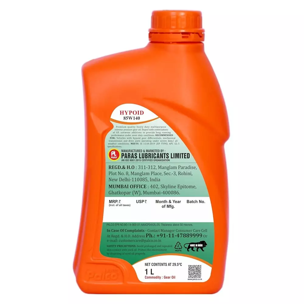 Palco Hypoid Gear Oil 1 L Capacity GL-5 API 85W140 Clear Golden Natural