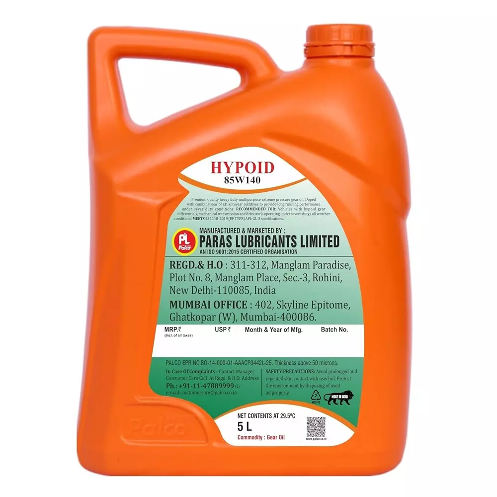 Palco Hypoid Gear Oil 5 L Capacity GL-5 API 85W140 Clear Golden Natural