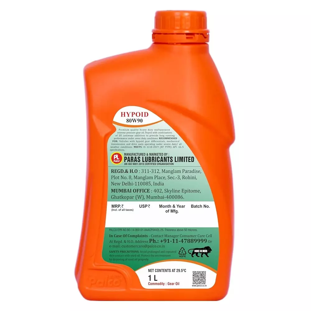 Palco Hypoid Gear Oil 1 L Capacity GL-5 API 80W90 Clear Golden Natural