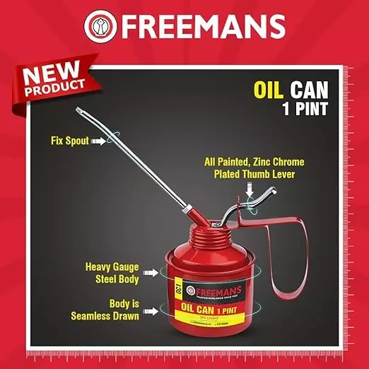 Freemans Metal Oil Can Fixed Spout 1 Pint Red for Bikes, Cars, Machines, OC1