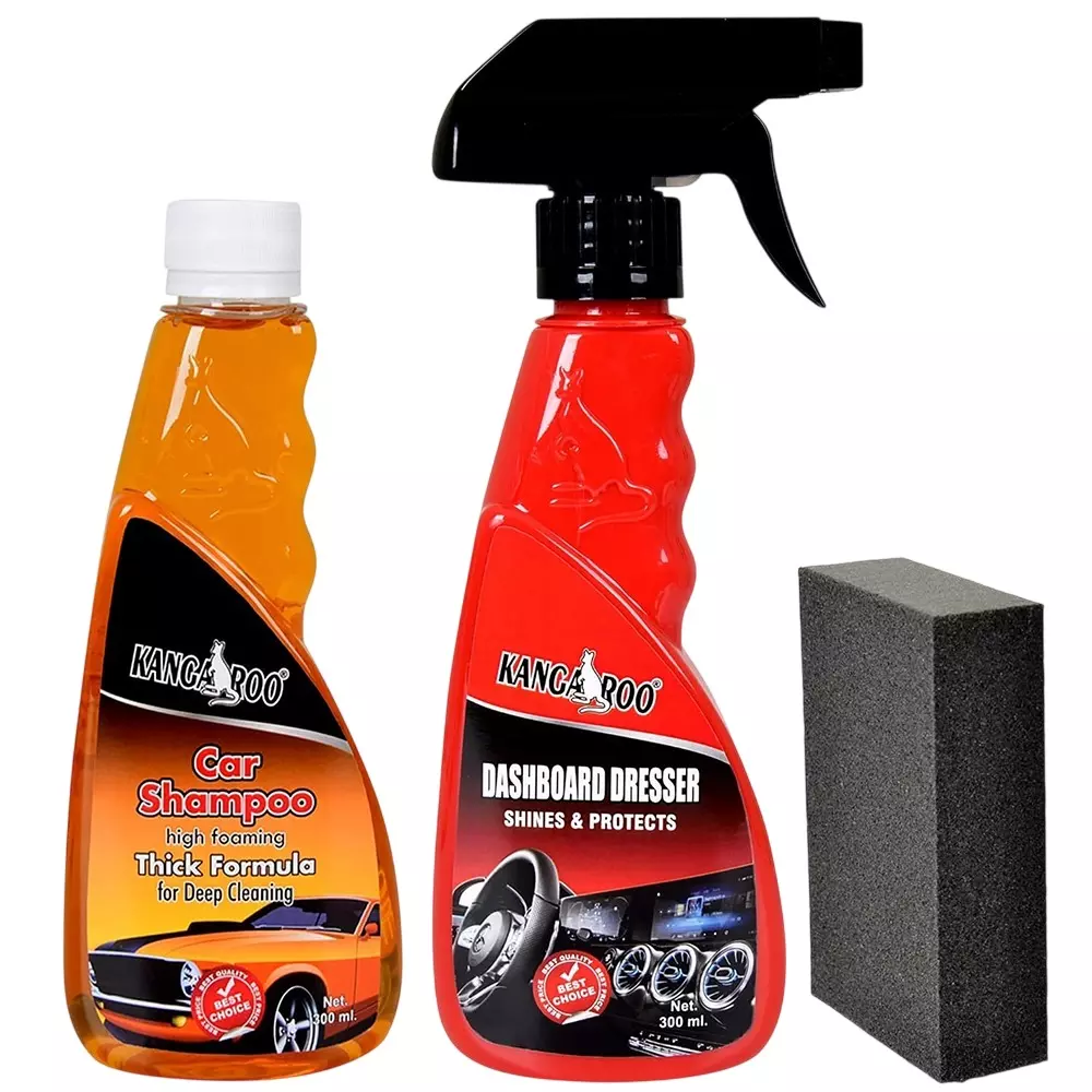 Kangaroo 300 ml Each Car Shampoo, Dashboard Dresser Polish and Foam Applicator Liquid Form for All Cars, NEW_CS_DD_300 (Pack of 5 Kit)