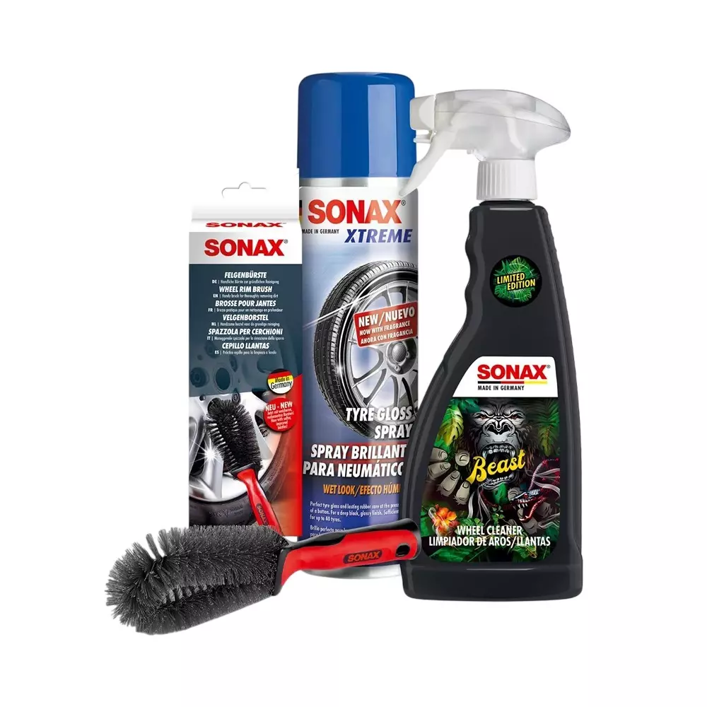 SONAX Wheel & Tyre Care Kit includes Beast Wheel Cleaner 500 ml, XTREME Gloss Spray 400 ml & Rim Cleaning Brush
