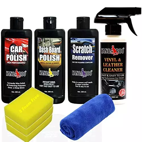 Kangaroo Car Care Kit (200 ml Car Polish, 200 ml Dashboard Polish, 200 ml Scratch Remover, 200 ml Vinyl Leather Cleaner, 3 Sponge & 1 Microfiber Cloth), KT-VL-CDS-200