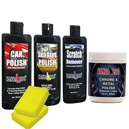 Kangaroo Car Care Kit (200 ml Car Polish, 200 ml Dashboard Polish, 200 ml Scratch Remover, 200 ml Chrome Metal Polish, 2 Sponge & 1 Microfiber Cloth), KT-MP-200-CDS-200