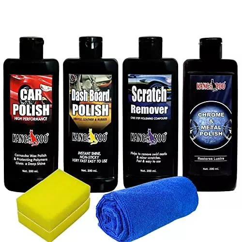Kangaroo Car Care Kit (200 ml Car Polish, 200 ml Dashboard Polish, 200 ml Scratch Remover, 200 ml Chrome Metal Polish, 2 Sponge & 1 Microfiber Cloth), KIT_MCDS_200_PRIME