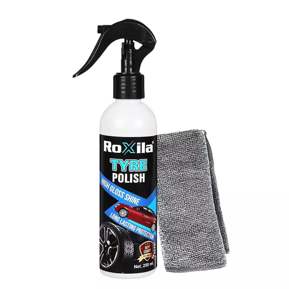 Roxila Quick-Dry Tyre Polish With Microfiber Cloth Unscented Silicone Emulsion 250 ml Bottle Liquid for Non Greasy, Shining & Polishing Car & Bike