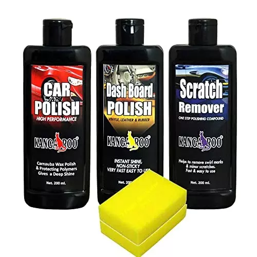 Kangaroo Car Care Kit (200 ml Car Polish, 200 ml Dashboard Polish, 200 ml Scratch Remover, 2 Sponge & 1 Microfiber Cloth), CP-DB-SR-200ML KIT