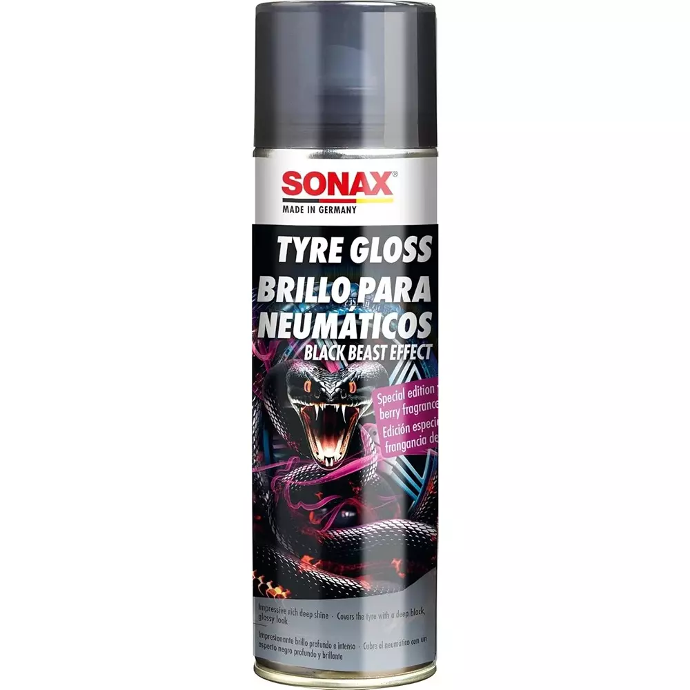 SONAX Tyre Gloss Spray Black Beast Gloss 500 ml Fruity Berry Fragrance (Article No. 434400)