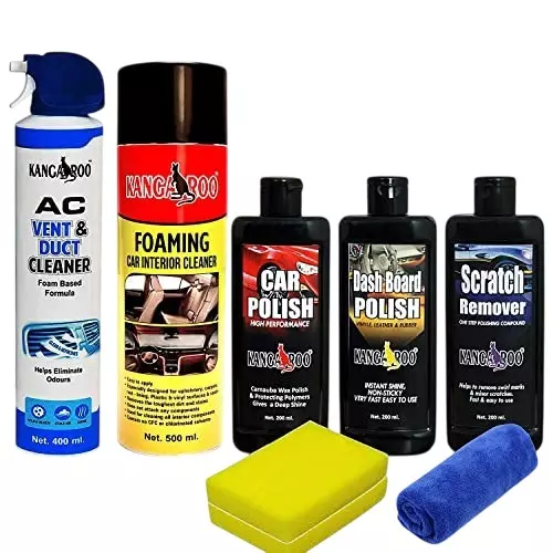 Kangaroo Car Care Kit (200 ml Car Polish, 200 ml Dashboard Polish, 200 ml Scratch Remover, 400 ml AC Vent & Duct Cleaner, 500 ml Car Interior Cleaner Spray, 2 Sponge & 1 Microfiber Cloth), KT_AC-FICS-CDS