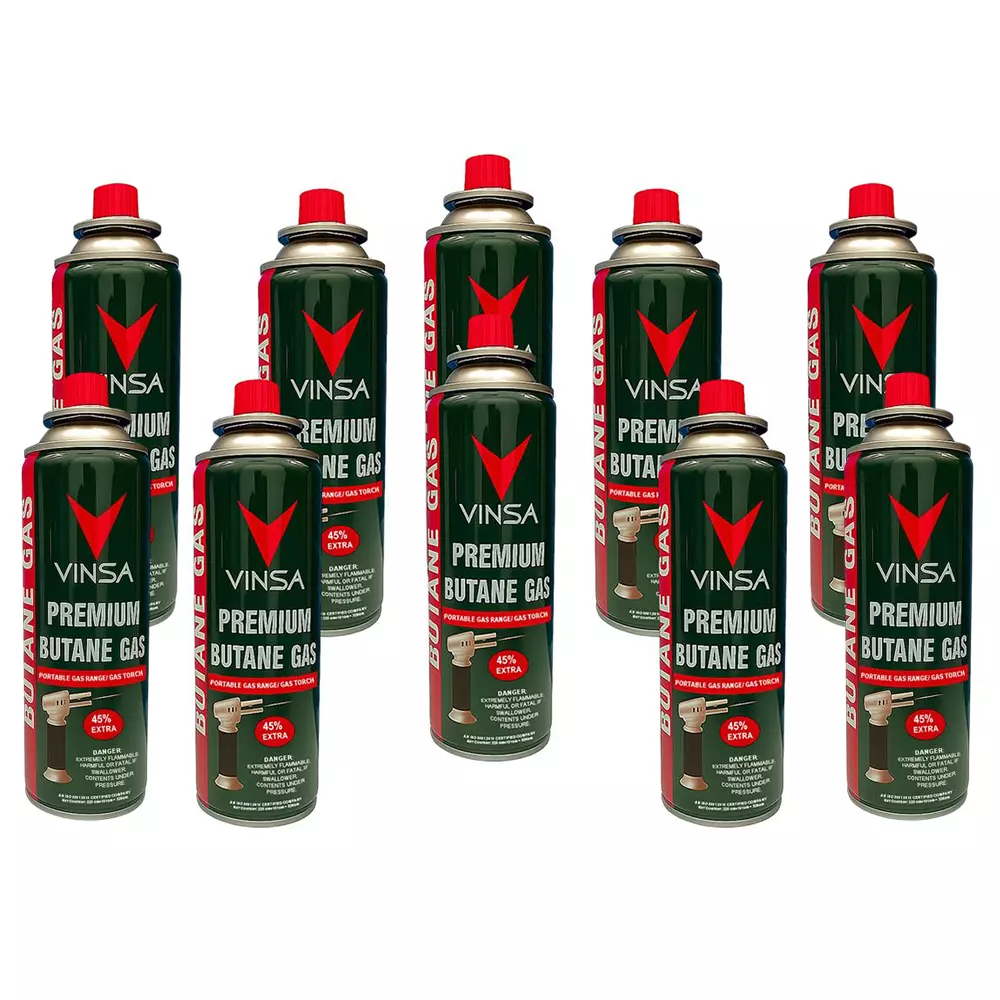 Vinsa Butane Gas Can for Refilling Lighters, Camping Stoves, Torches 225 g (Pack of 10 Pcs)