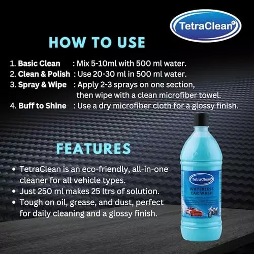 TetraClean Waterless Dry Car Wash Concentrate 1 L Acid Free Eco-Friendly For Cleaning, Shining and Smoothness of Vehicles